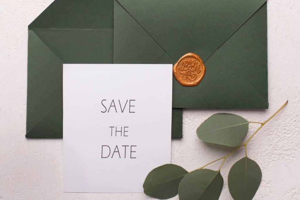 Save the date written on a piece of paper on top of a green envelope.