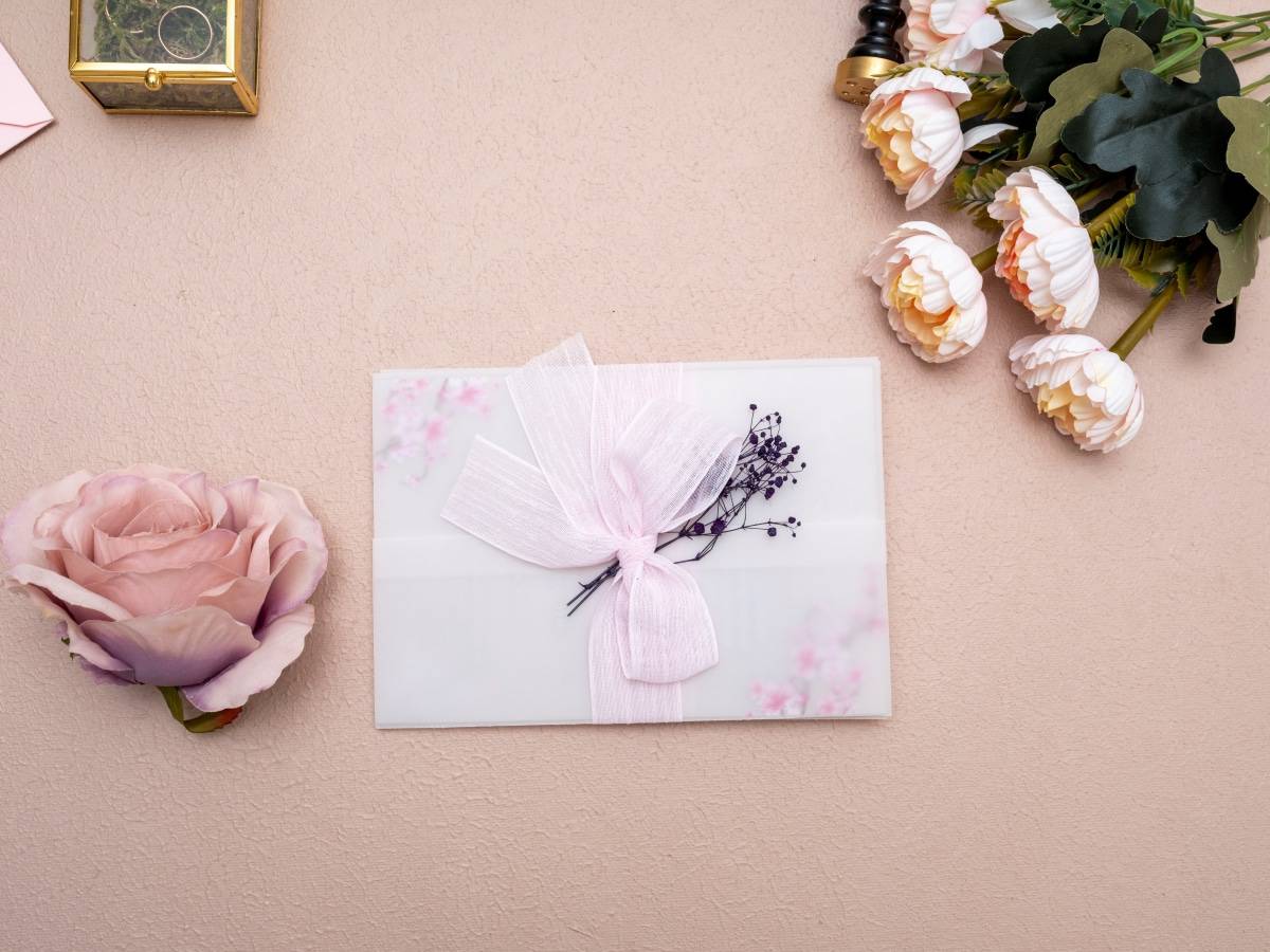 Wedding invitation in envelop with pink bow around it and a purple flower.
