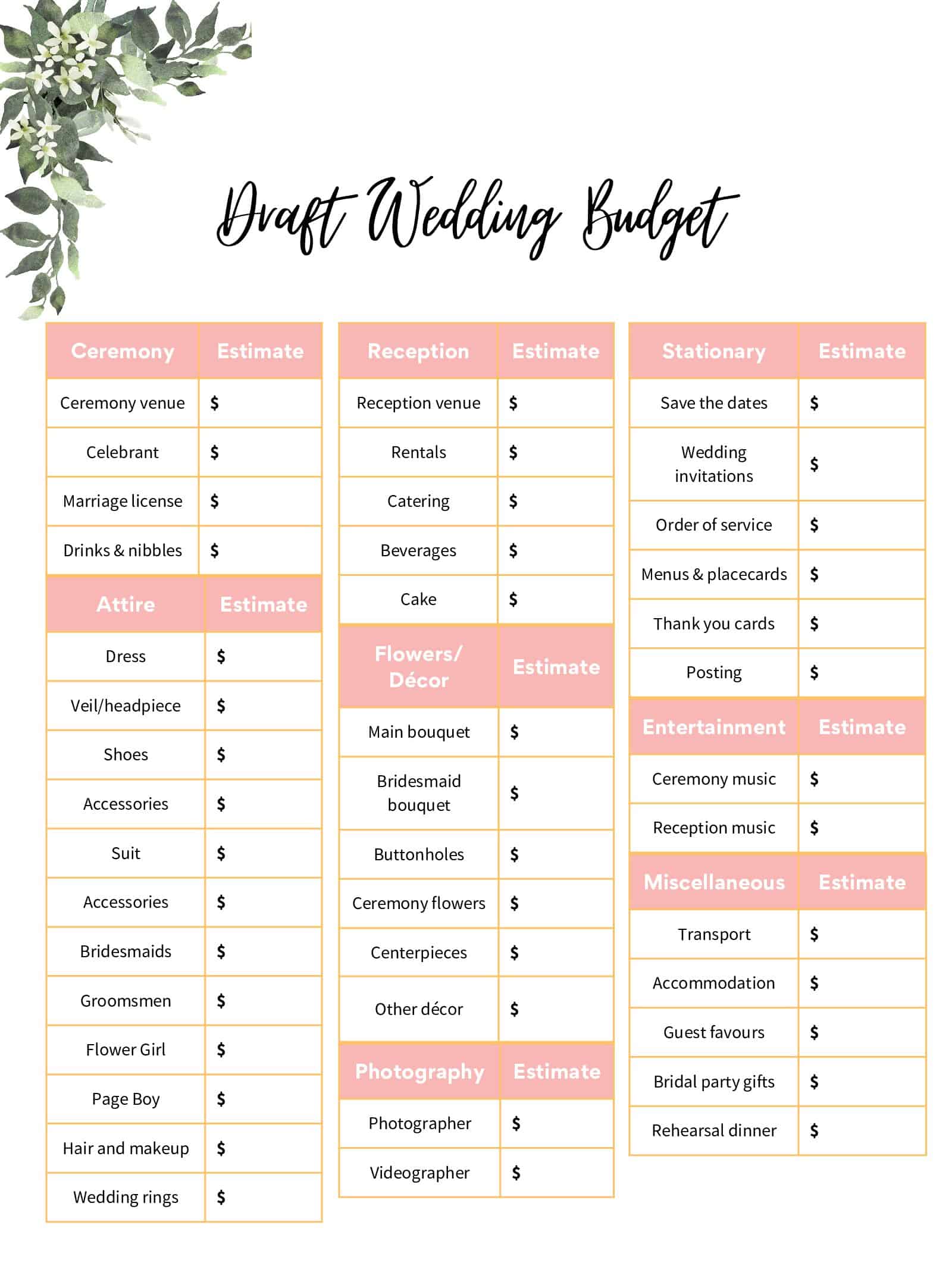 draft wedding budget