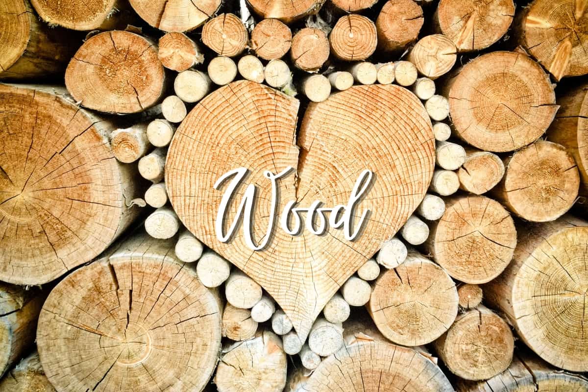Log carved into a heart with multiple log ends surrounding, with the word woof in the middle of the heart