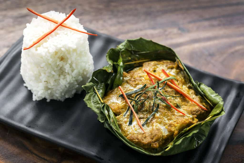 traditional Cambodian khmer fish amok curry meal